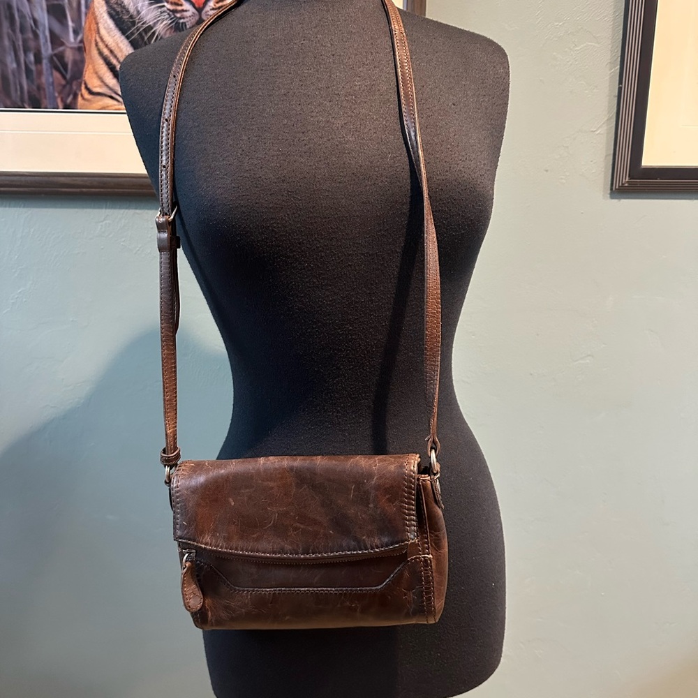 FRYE Brown Distressed Leather Foldover Crossbody Bag 6"H x 8.5"L - Picture 1 of 4
